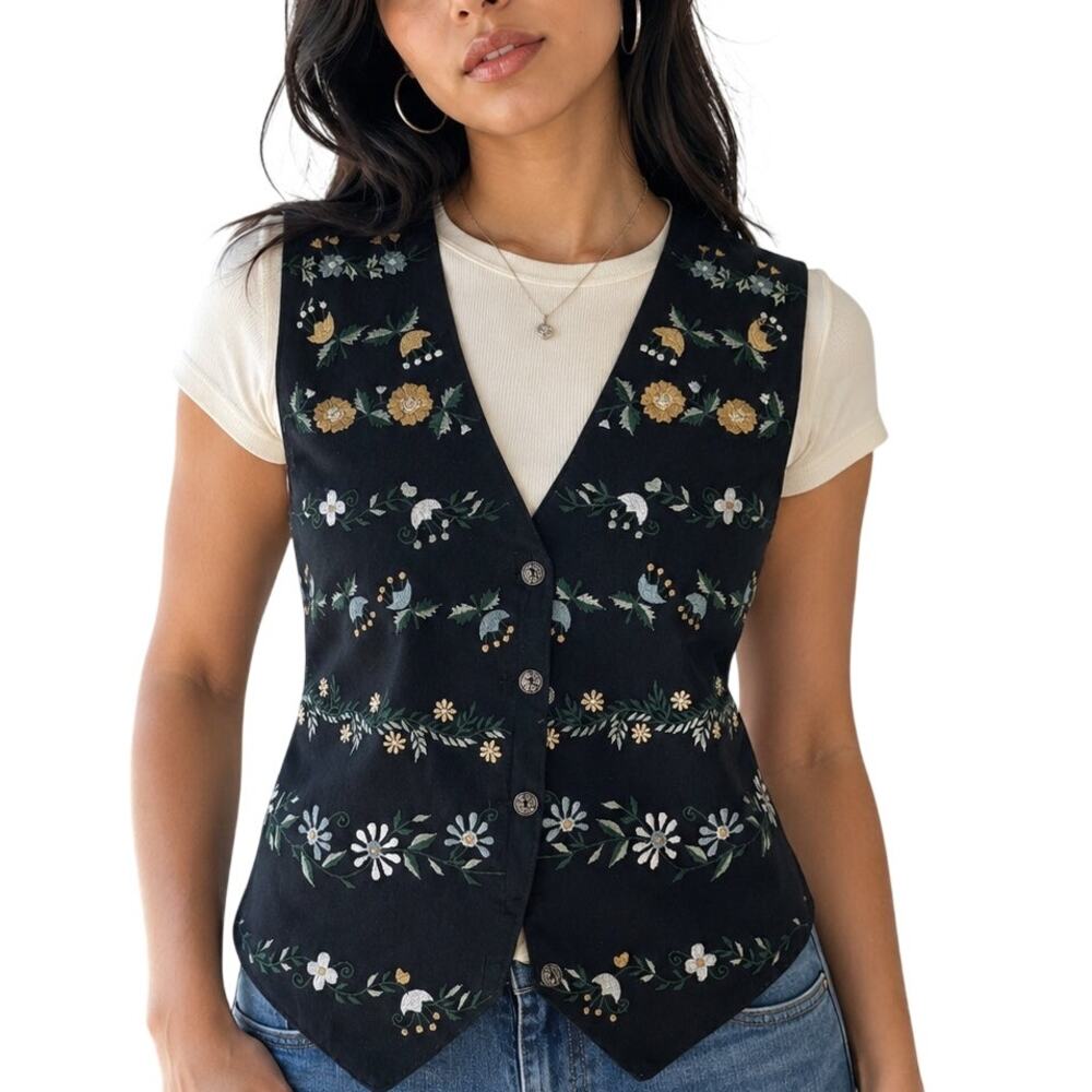 Vintage Paul Harris Design Vest Womens Small Black Floral Embroidered Cotton Y2K